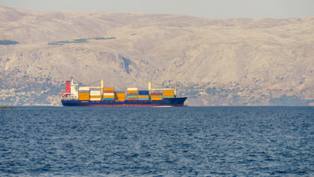 Blue cargo container ship transporting import or export goods.のeditorial素材