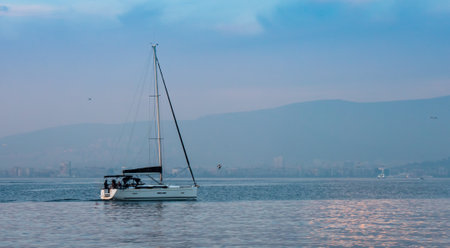 Yacht Sailing in The sea with Blue Sky, Copy Space for Text.