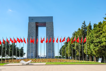 The Canakkale Martyrs Memorial with Turkish flags, Gallipoli, Canakkale, Turkeyのeditorial素材