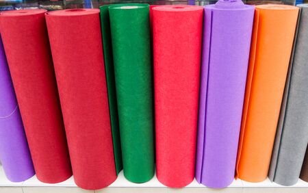 Colorful ribbons on the shelf in the store. Textile industry.の写真素材
