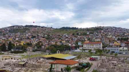 IZMIR, TURKEY, October 2017: view of Kadifekale castle and Agora. Agora Open Air Museum in Izmir. Turkey.のeditorial素材