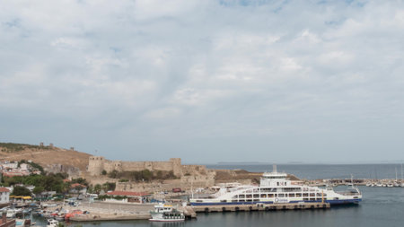 Bozcaada, Turkey - SEPTEMBER 25, 2020: Gestas ferryboat leave the port from Bozcaada port.のeditorial素材