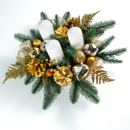 the Christmas decorations with the candles on whiteの写真素材