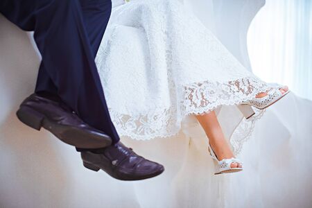 wedding shoes of the groom and the brideの写真素材