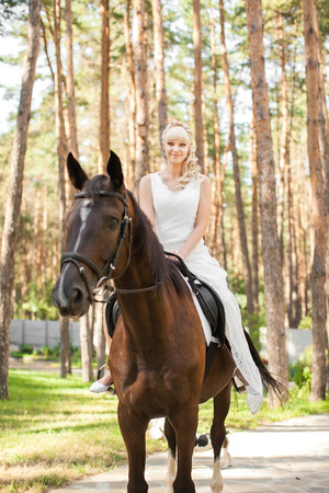 young beautiful bride and horse on the natureの写真素材