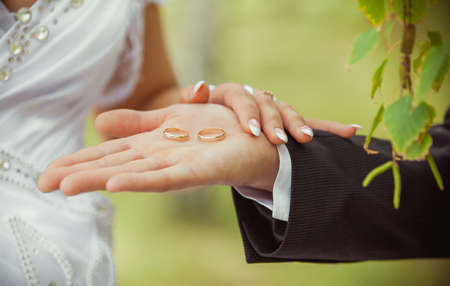 Closeup photo of Two wedding gold rings.の写真素材