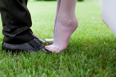 wedding shoes of the groom and the brideの写真素材