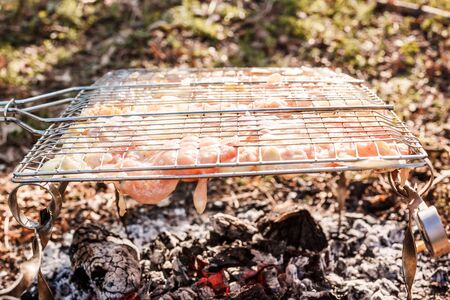 Shish kebab: slices of meat with sauce preparing on fire. grilled bbq chickenの写真素材