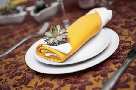 plate in restaurant. yellow napkin on the tableの写真素材