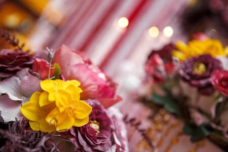 the Boquet of flowers on arranged tableの写真素材