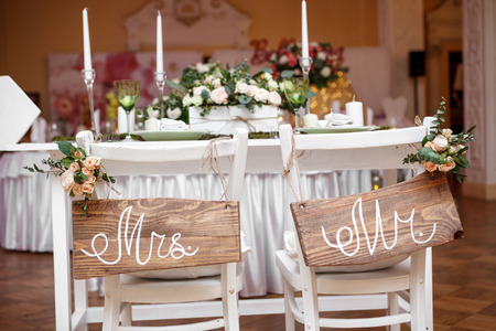 Mr. & Mrs. Sign on the chairの写真素材