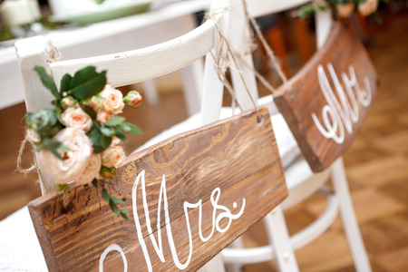 Mr. & Mrs. Sign on the chairの写真素材