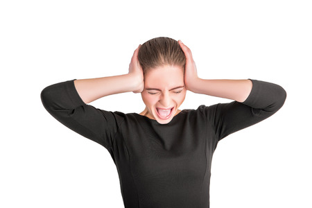 portrait angry woman screaming, wide open mouth, hysterical isolated white background. Negative...
