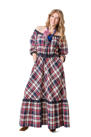 attractive beautiful blonde girl in checked dressの写真素材