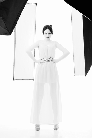 beautiful woman posing in Studio. Studio black and white photographyの写真素材