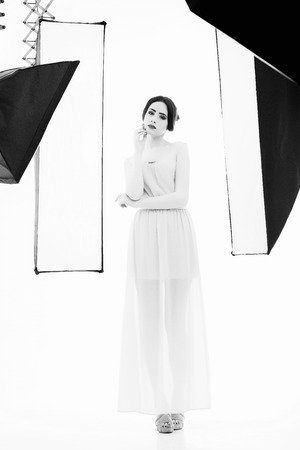 beautiful woman posing in Studio. Studio black and white photographyの写真素材