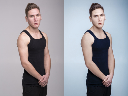 Face of handsome man before and after retouch. Before and after cosmetic operation.  anti-age therapy, removal of acne, retouching. studio shot.の写真素材