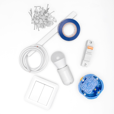 electrical equipment and tools on white background. the view from the topの写真素材