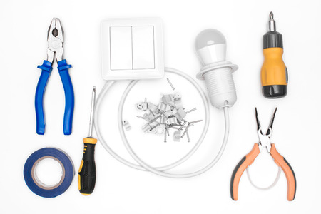 electrical equipment and tools on white background. the view from the topの写真素材