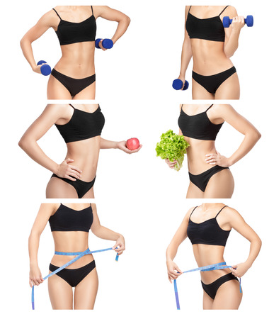 collage of Sporty slim woman with dumbbells, measuring tape and Apple.  concept of healthy food and sportの写真素材