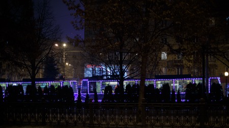 Dnepr, Ukraine - JANUARY 1, 2017:  Christmas tram with festive lのeditorial素材