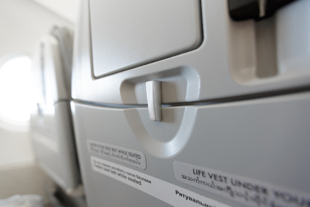 Passenger seat of plane with screen.の写真素材