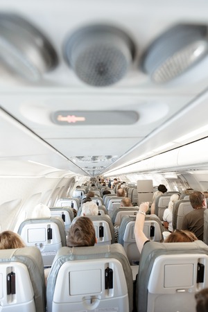 Zaporozhye, Ukraine - August 22, 2016: passenger on airplaneのeditorial素材