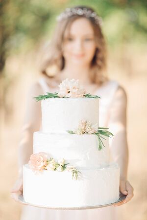 bride holding a wedding cakeの写真素材
