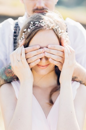 bride and groom hugging at the wedding in nature.の写真素材