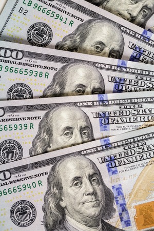 Background of hundred dollar bills. close up view cash moneyの写真素材