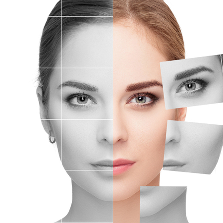 Face made of many different colorless and colored portraits. Plastic surgery concept.の写真素材