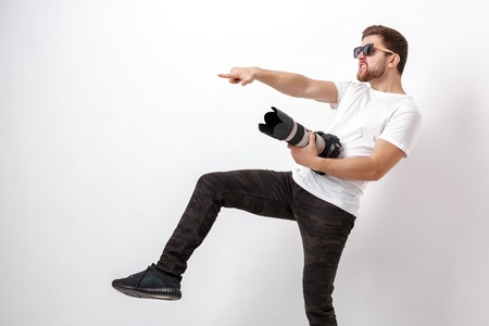 young professional photographer in shirt ready for photography aの写真素材