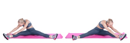 beautiful blonde woman does exercises on  fitness Mat on white background. stretching. Set...