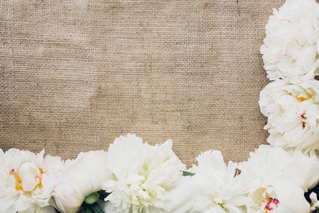 White peonies flowers on burlap, top view. Free space for text