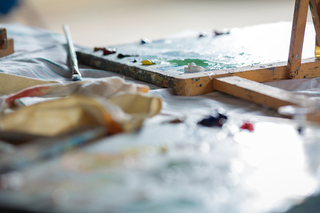 oil paints on wooden paletteの写真素材