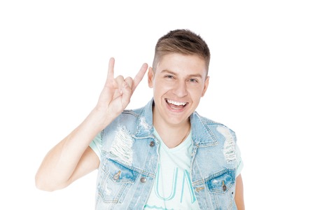 young man in denim isolated white backgroundの写真素材