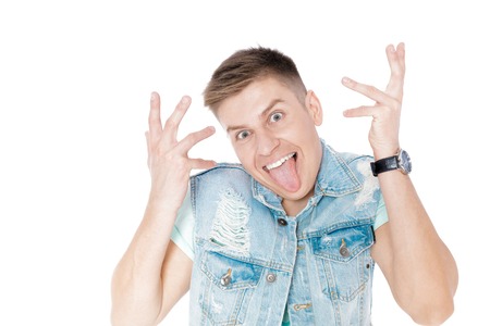 young man in denim isolated white backgroundの写真素材