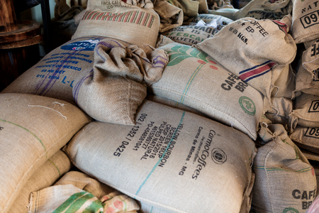 Lviv, UKRAINE, February 27, 2017:  bags of coffee in  Lvivska kavyarnyaのeditorial素材