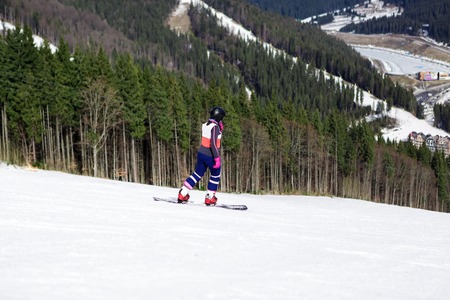 BUKOVEL, UKRAINE, March 04, 2017: snowboarder on a training slope in Bukovelのeditorial素材