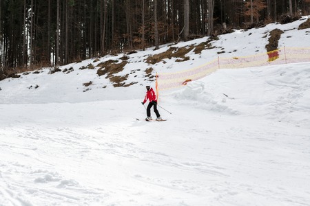 skier is skiing down the slope in the woodsの写真素材