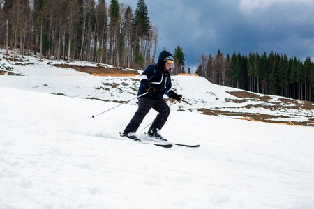 BUKOVEL, UKRAINE, March 06, 2017: snowboarder on a training slope in Bukovelのeditorial素材