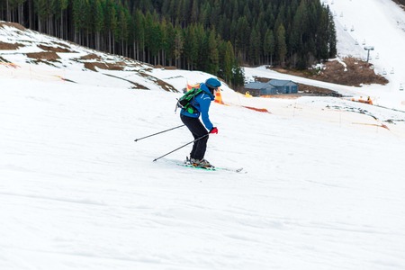 BUKOVEL, UKRAINE, March 06, 2017: snowboarder on a training slope in Bukovelのeditorial素材