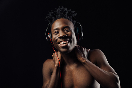 African-American man in headphonesの写真素材