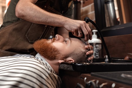 Barber and bearded man in barber shopの写真素材