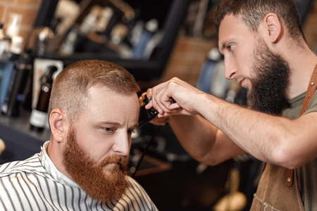 Barber and bearded man in barber shopの写真素材