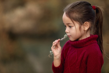 little girl playing with autumn fallen leaves