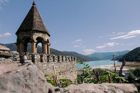 Ananuri church and fortress in Georgia in sunny dayの写真素材