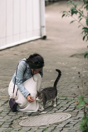 attractive woman in dress plays with cat in old courtyardの写真素材