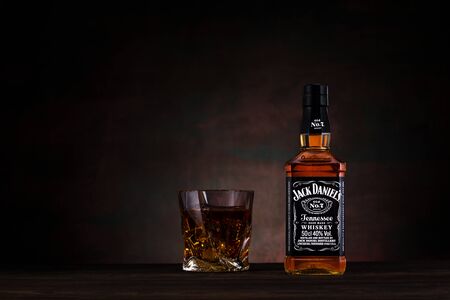 Dnipro, Ukraine - June 18, 2019: Jack Daniels, a brand of the best selling American whiskey in the world, produced by the Jack Daniel Distillery and owned by the Brown-Forman Corporation since 1956のeditorial素材
