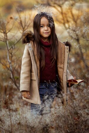 portrait of cute smiling little girl playing with autumn fallen leavesの写真素材